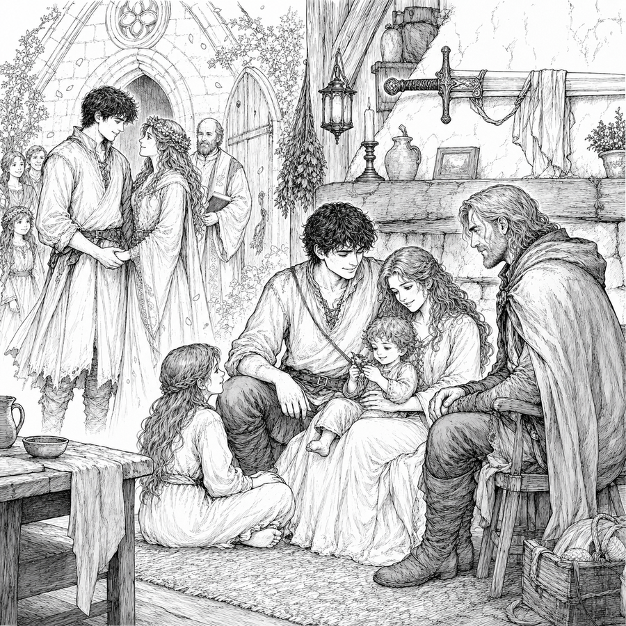 Black line art of Owen and family inside a cottage