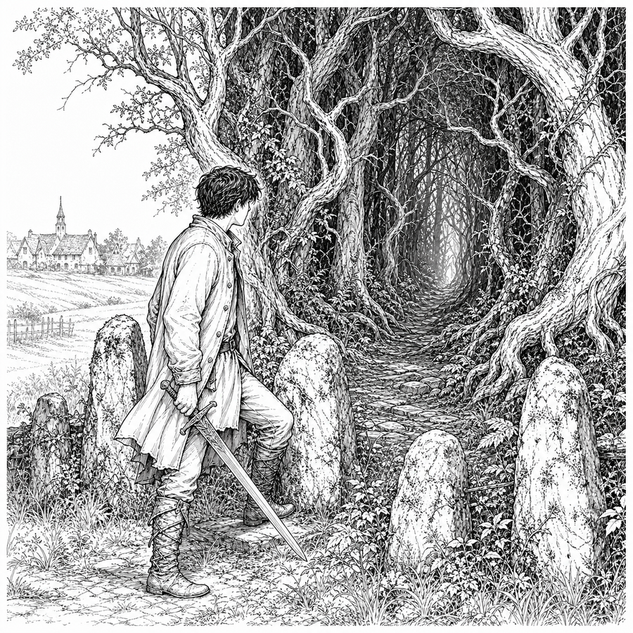 Black line art of Owen at the forest threshold