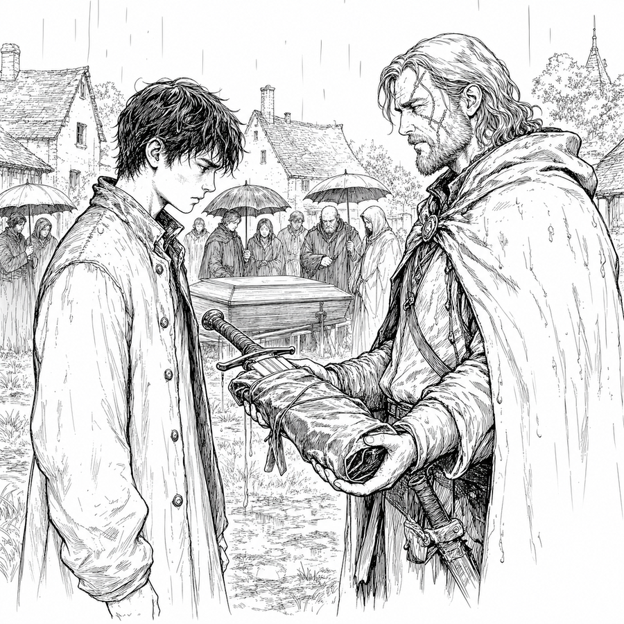 Black line art of Owen receiving Grandfather's Sword