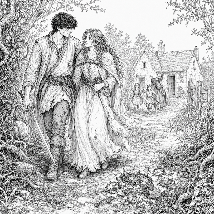 Black line art of Owen and Clara walking home
