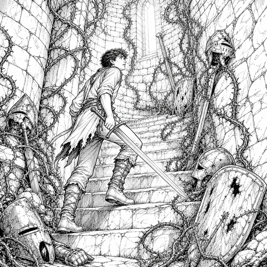 Black line art of a thorn-wrapped tower ascent