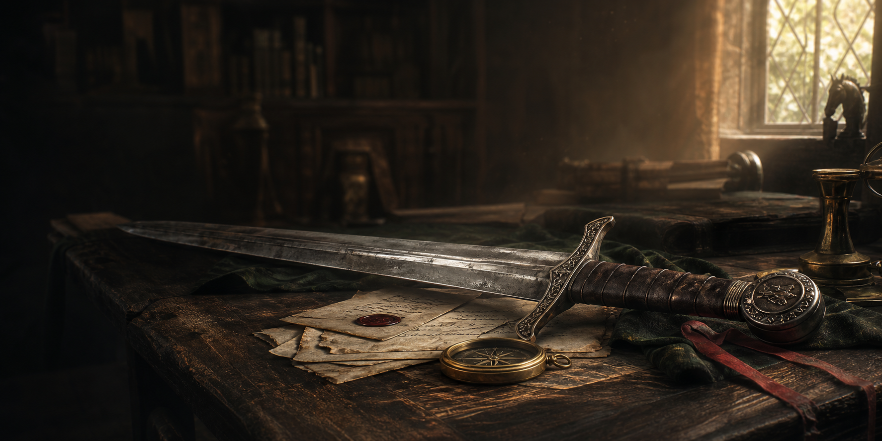 An heirloom sword on an old workbench